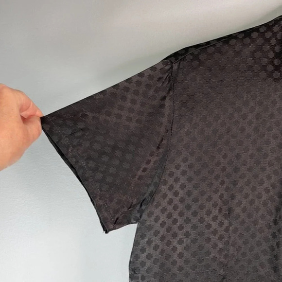 MANDERIN Style Silk Pattern Blouse Black Short Sleeve Toggle Knot Closure M - Picture 6 of 12